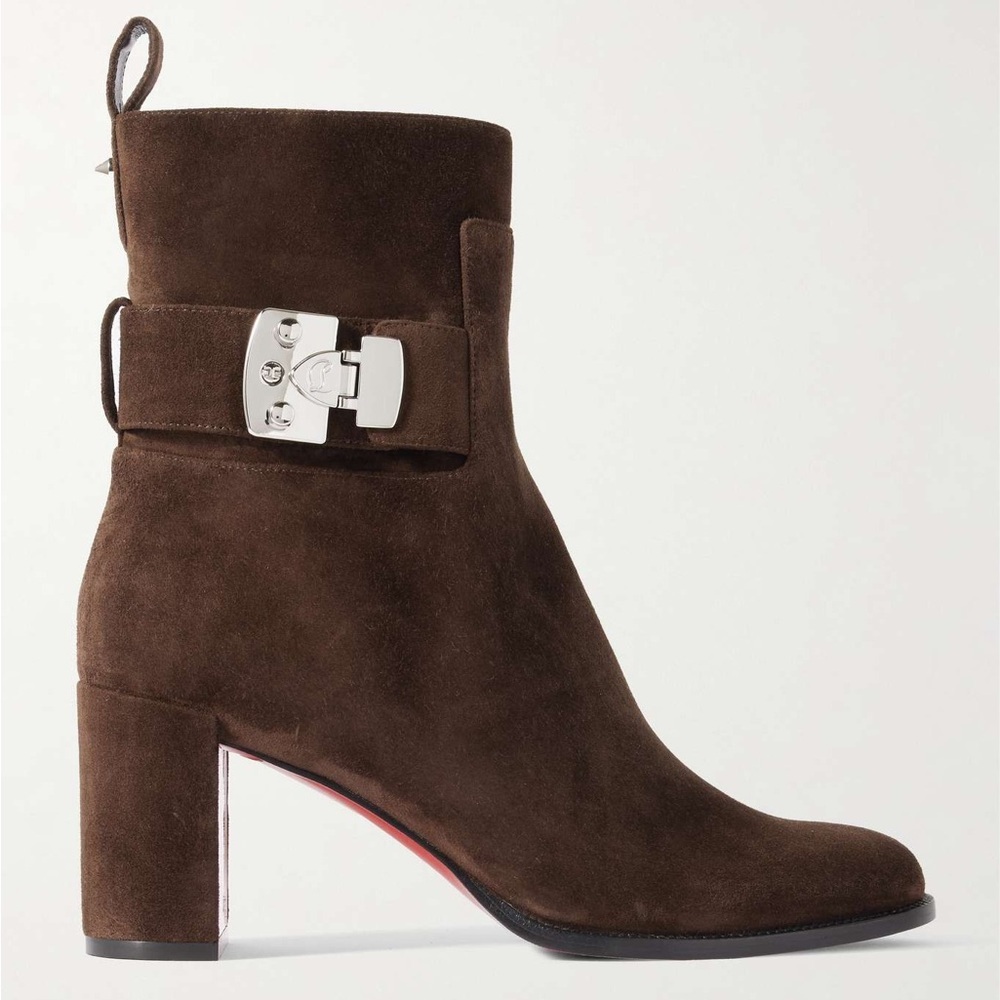 Christian Louboutin Booty Lock 70 Embellished Suede Ankle Boots in Brown NWOB